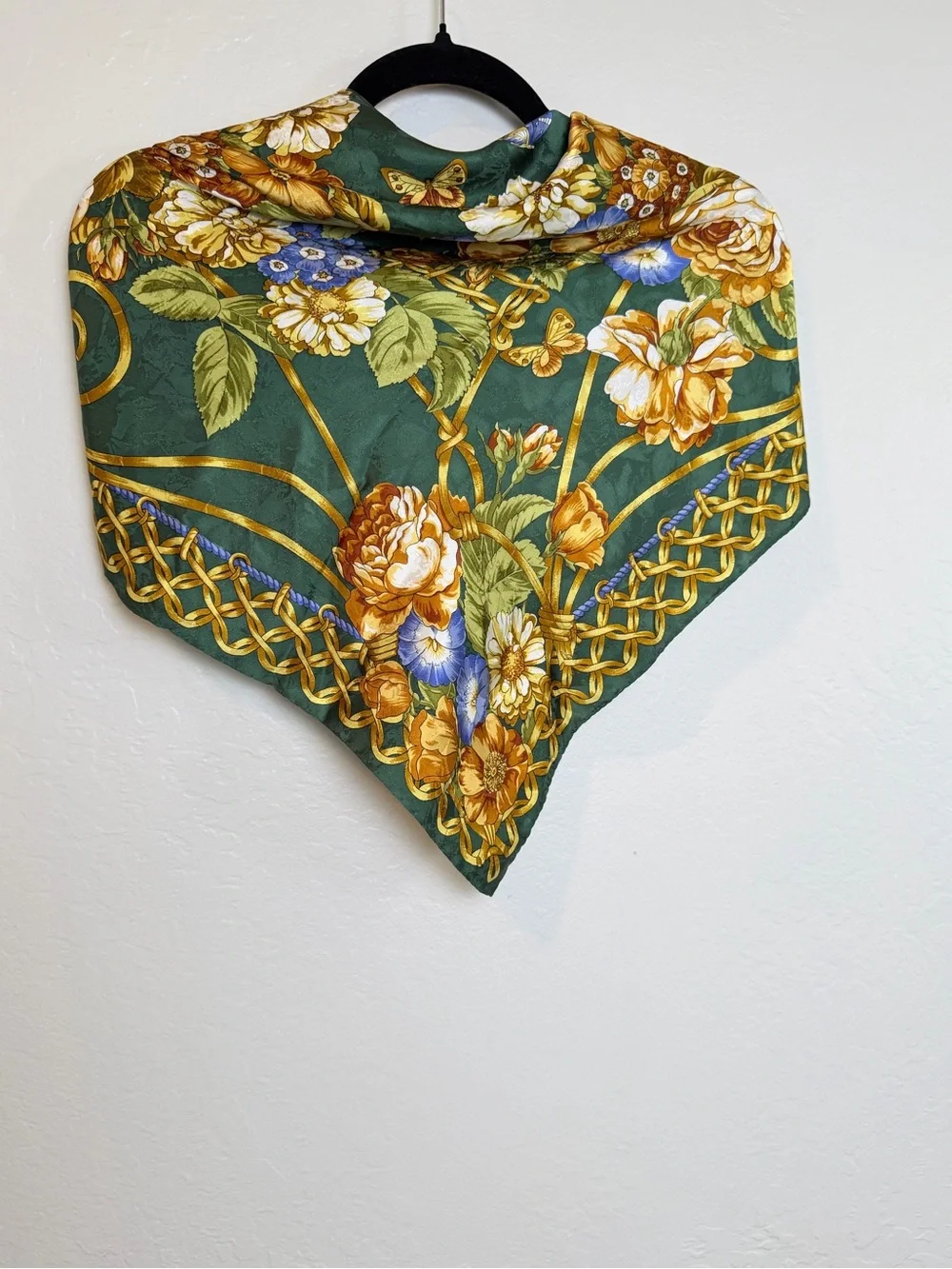Vintage ELF Silk Floral Scarf Green Gold & Purple Chain Motif Wrap Neck Head